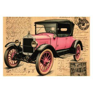 Vintage Pink Automobile Postcard Artwork Retro Design Frameable Man Cave Gift